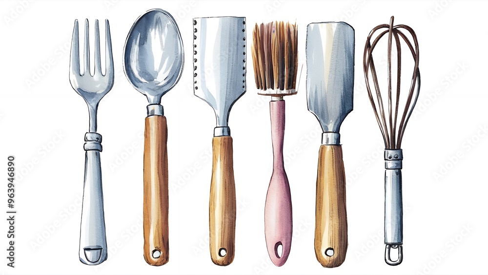 A watercolor illustration of various kitchen utensils including a fork, spoon, spatula, brush, and whisk. A watercolor illustration of various kitchen utensils including a fork, spoon, spatula, brush, and whisk.