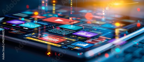 A close-up view of a smartphone screen displaying various modern app icons and vibrant digital elements, showcasing technology and innovation. photo