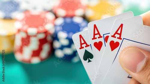 Three Aces in Poker Game with Chips in the Background photo