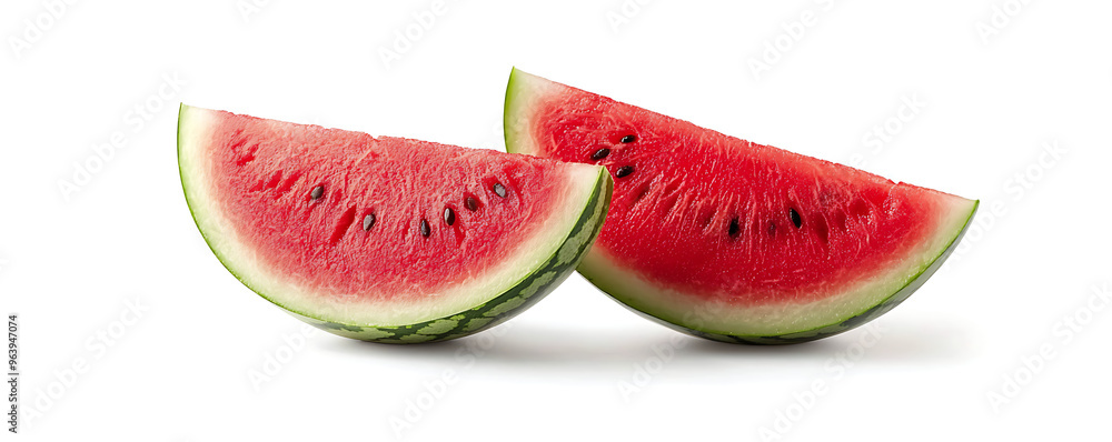 Close-up of fresh, juicy watermelon slices isolated on a white background Close-up of fresh, juicy watermelon slices isolated on a white background