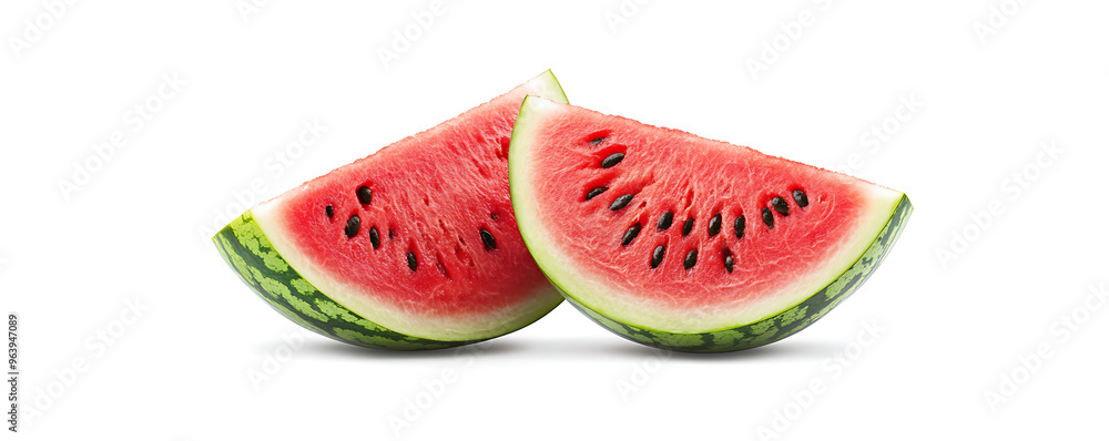 Close-up of fresh, juicy watermelon slices isolated on a white background Close-up of fresh, juicy watermelon slices isolated on a white background