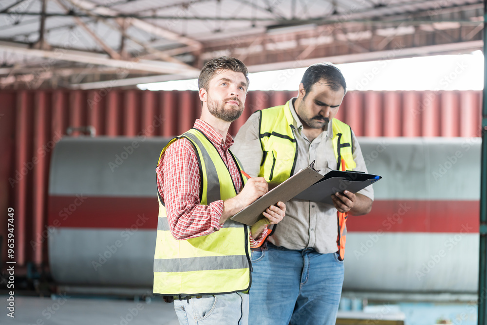 Warehouse concept. Two male warehouse worker working and checking, receive of products in warehouse Warehouse concept. Two male warehouse worker working and checking, receive of products in warehouse