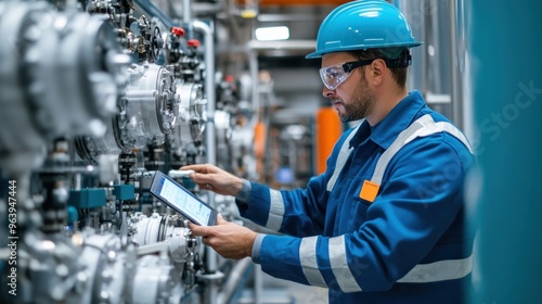 young engineer man carefully monitoring hydrogen gas levels in a storage facility, high-tech sensors in use photo