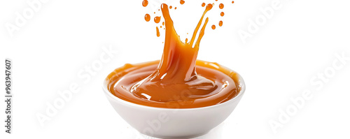 A smooth and glossy pool of rich, golden caramel sauce spread on a white background photo