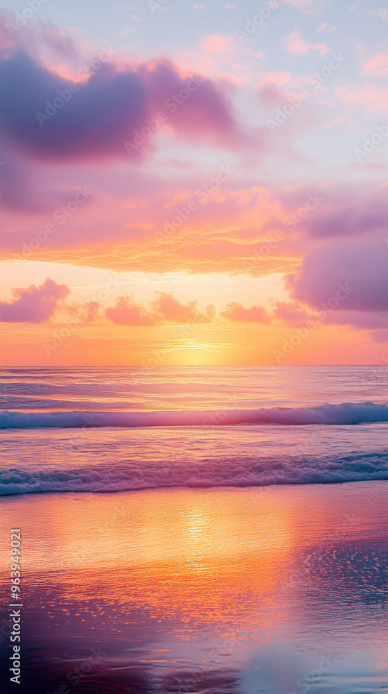 Fototapeta premium Sunset beach scene with soft pastel sky and calm waves
