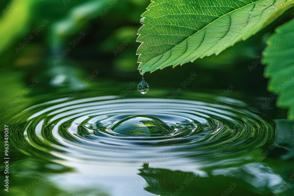 Droplet from green leaf causing ripples in the water Droplet from green leaf causing ripples in the water