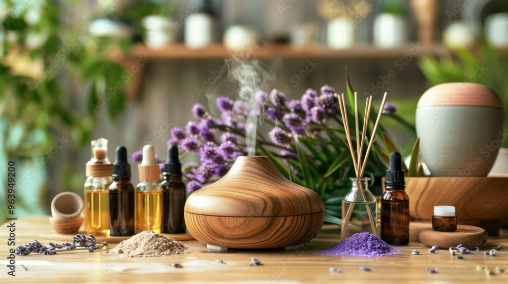 A set of essential oils for a diffuser to promote relaxation. Concept Aromatherapy, Relaxation, Essential Oils, Diffuser, Wellness A set of essential oils for a diffuser to promote relaxation. Concept Aromatherapy, Relaxation, Essential Oils, Diffuser, Wellness