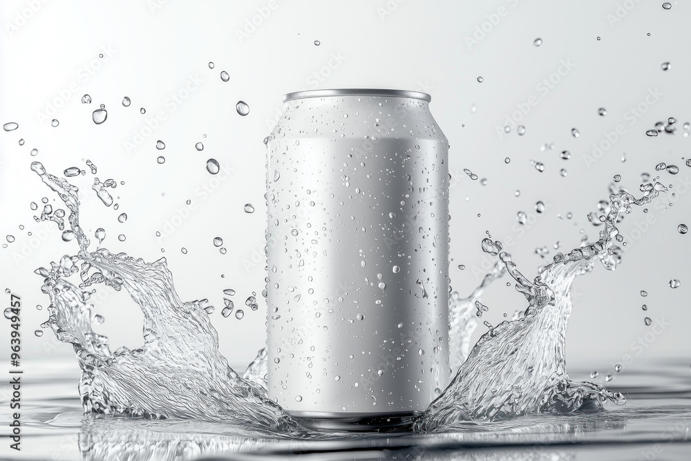 Water splashes on a blank white aluminum soda can Water splashes on a blank white aluminum soda can
