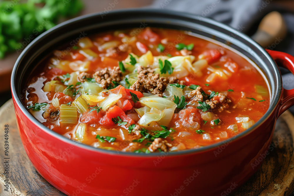 Hearty cabbage soup with fresh vegetables and beef in red pot Hearty cabbage soup with fresh vegetables and beef in red pot