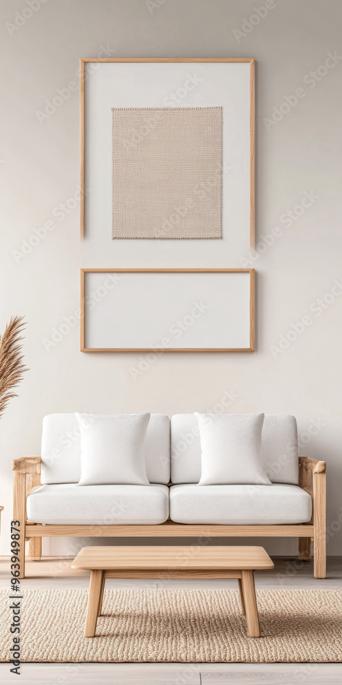 Fototapeta premium Mediterranean living room interiors in a luxury villa with coastal decor and minimal furniture. Coastal interior design composition with natural lighting.