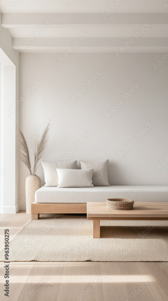 Mediterranean living room interiors in a luxury villa with coastal decor and minimal furniture. Coastal interior design composition with natural lighting. Mediterranean living room interiors in a luxury villa with coastal decor and minimal furniture. Coastal interior design composition with natural lighting.