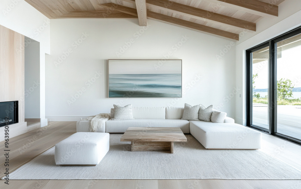 Mediterranean living room interiors in a luxury villa with coastal decor and minimal furniture. Coastal interior design composition with natural lighting. Mediterranean living room interiors in a luxury villa with coastal decor and minimal furniture. Coastal interior design composition with natural lighting.