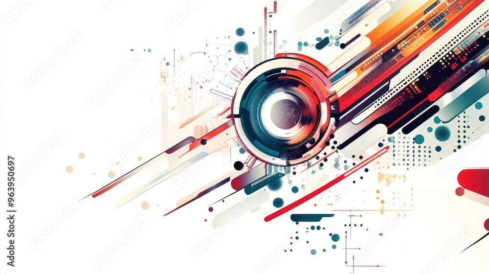 Obraz premium Abstract technology vector with intricate shapes and dynamic elements on a white background, showcasing futuristic innovation