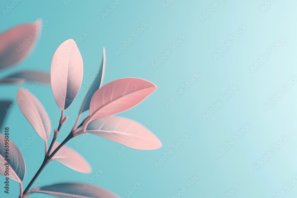 Delicate Pink Leaves on a Pastel Teal Background - Soft Botanical Nature Texture Delicate Pink Leaves on a Pastel Teal Background - Soft Botanical Nature Texture