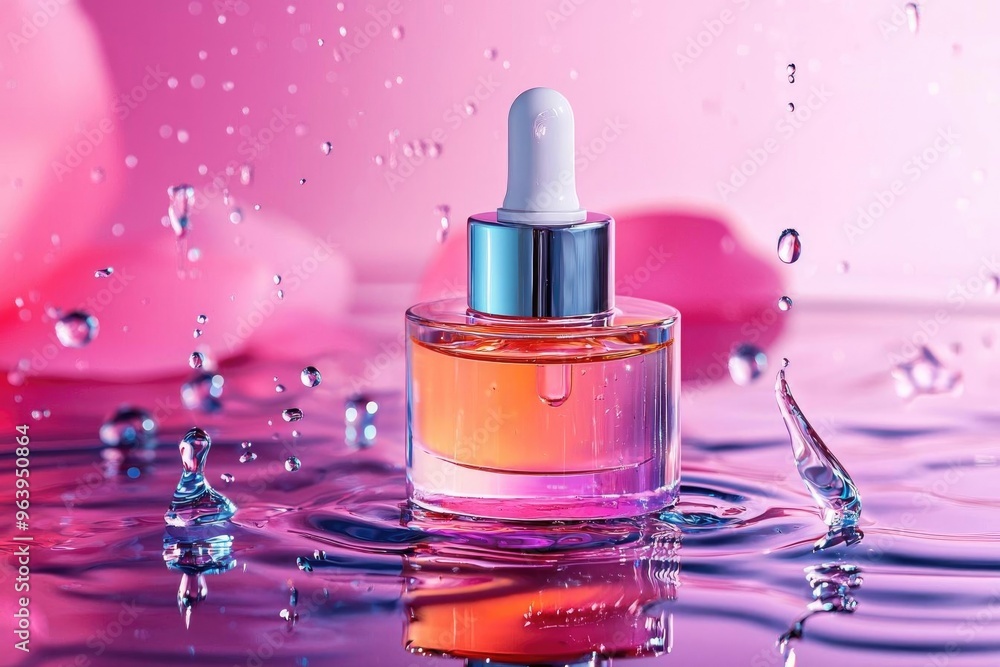 A vibrant serum bottle among water droplets, showcasing beauty and tranquility against a soft pink backdrop. A vibrant serum bottle among water droplets, showcasing beauty and tranquility against a soft pink backdrop.
