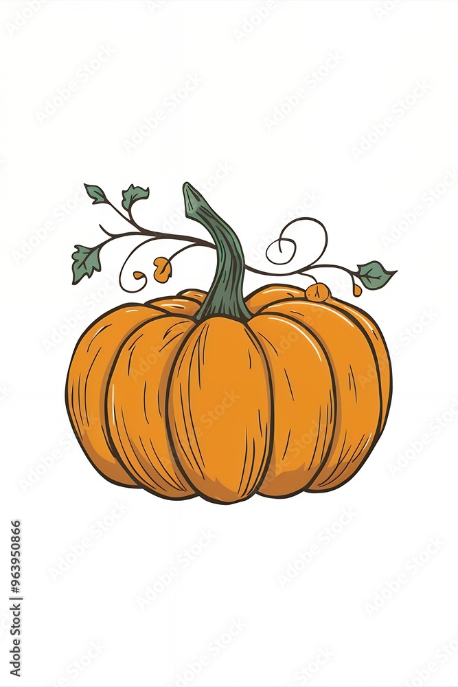 Fototapeta premium A hand-drawn illustration of a plump orange pumpkin with a green vine.