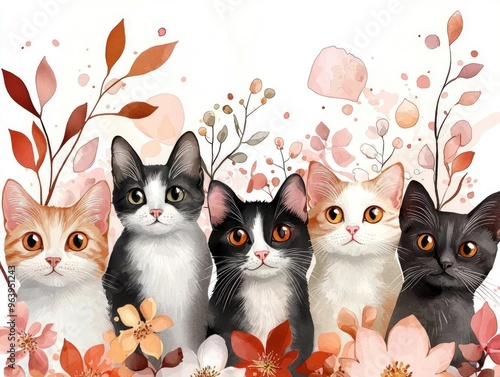 Charming illustration of five colorful cats surrounded by delicate flowers and leaves, perfect for cat lovers and nature enthusiasts. photo