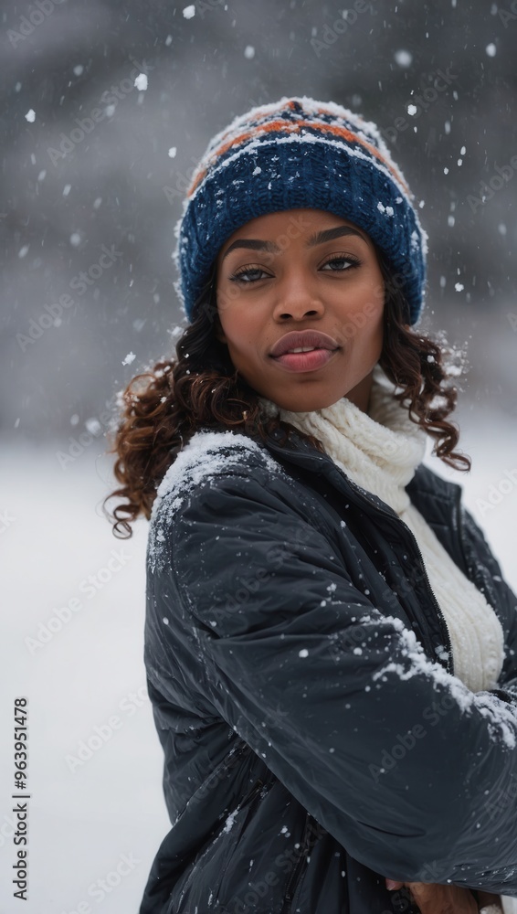 African American woman with curly hair is standing in the snow, wearing a black jacket and a white scarf African American woman with curly hair is standing in the snow, wearing a black jacket and a white scarf