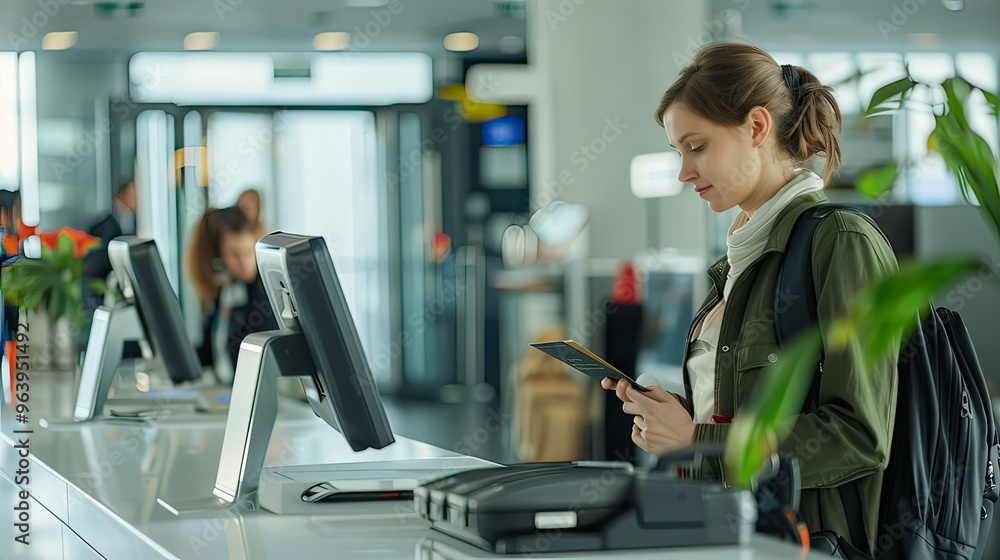 Airport check-in desk with female service agent assisting traveler with passport and documents. Airport check-in desk with female service agent assisting traveler with passport and documents.