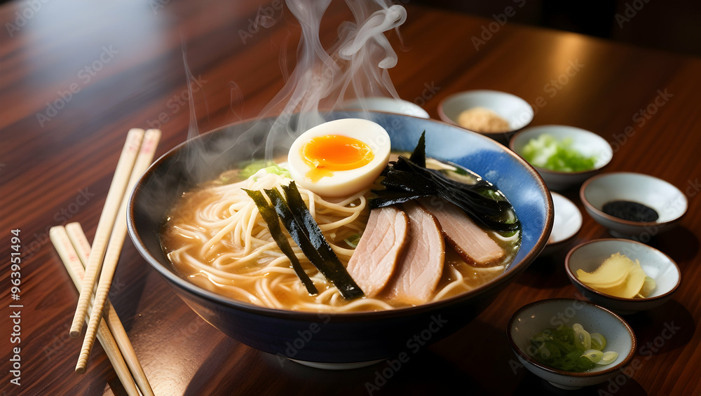 Steaming bowl of ramen with soft-boiled egg, seaweed, and pork slices, surrounded by chopsticks and small plates of sides Steaming bowl of ramen with soft-boiled egg, seaweed, and pork slices, surrounded by chopsticks and small plates of sides