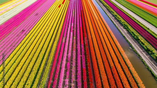 Aerial View of a Colorful Tulip Field