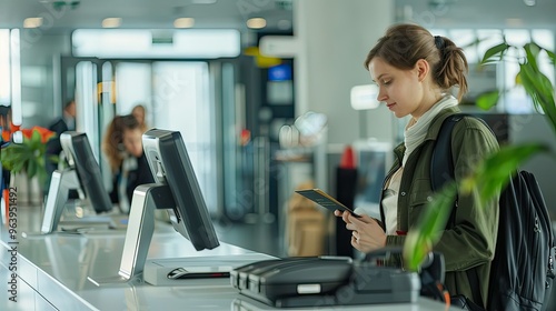 Airport check-in desk with female service agent assisting traveler with passport and documents. 