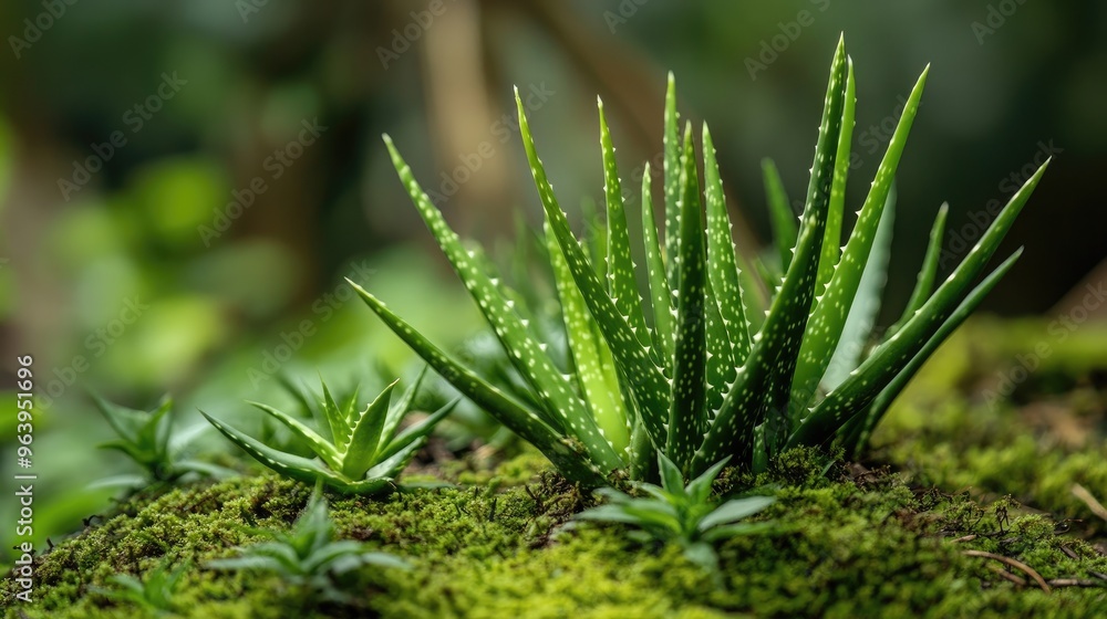 Obraz premium Macro shot of aloe vera, bamboo, and tiny plants on a nature trail in a bog, highlighting their intricate details with a realistic background