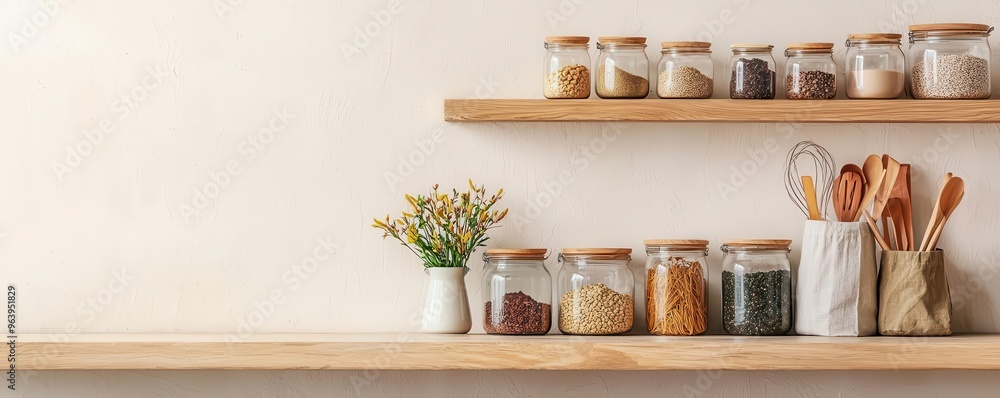 Stylish kitchen shelf with jars of spices, utensils, and a flower vase, creating an organized and inviting cooking space. Stylish kitchen shelf with jars of spices, utensils, and a flower vase, creating an organized and inviting cooking space.