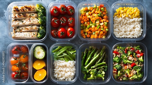 A variety of healthy meal prep containers featuring grilled chicken, rice, and an assortment of colorful vegetables like broccoli, tomatoes, and carrots for balanced nutrition.