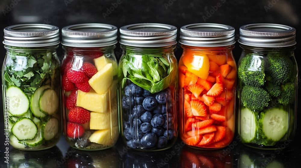 Five mason jars filled with fresh, colorful fruits and vegetables, including strawberries, pineapple, blueberries, cucumbers, and broccoli, for healthy meal prep. Five mason jars filled with fresh, colorful fruits and vegetables, including strawberries, pineapple, blueberries, cucumbers, and broccoli, for healthy meal prep.
