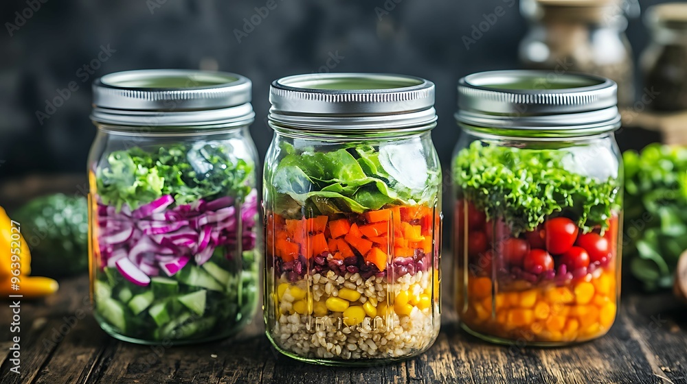Three mason jars filled with layered fresh vegetables including lettuce, tomatoes, onions, and corn, ideal for healthy meal prep. Three mason jars filled with layered fresh vegetables including lettuce, tomatoes, onions, and corn, ideal for healthy meal prep.