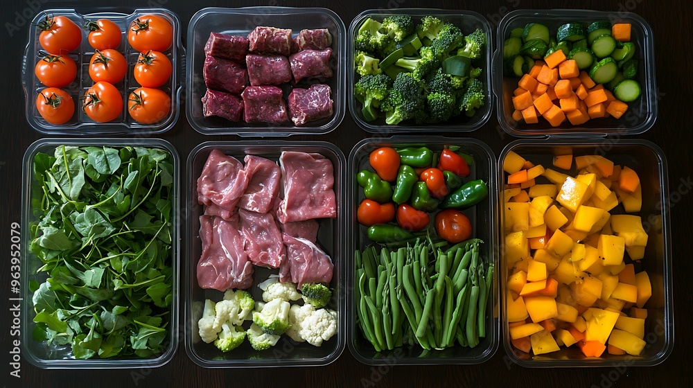 A variety of fresh vegetables, meats, and greens neatly arranged in meal prep containers, perfect for cooking or healthy meal planning. A variety of fresh vegetables, meats, and greens neatly arranged in meal prep containers, perfect for cooking or healthy meal planning.