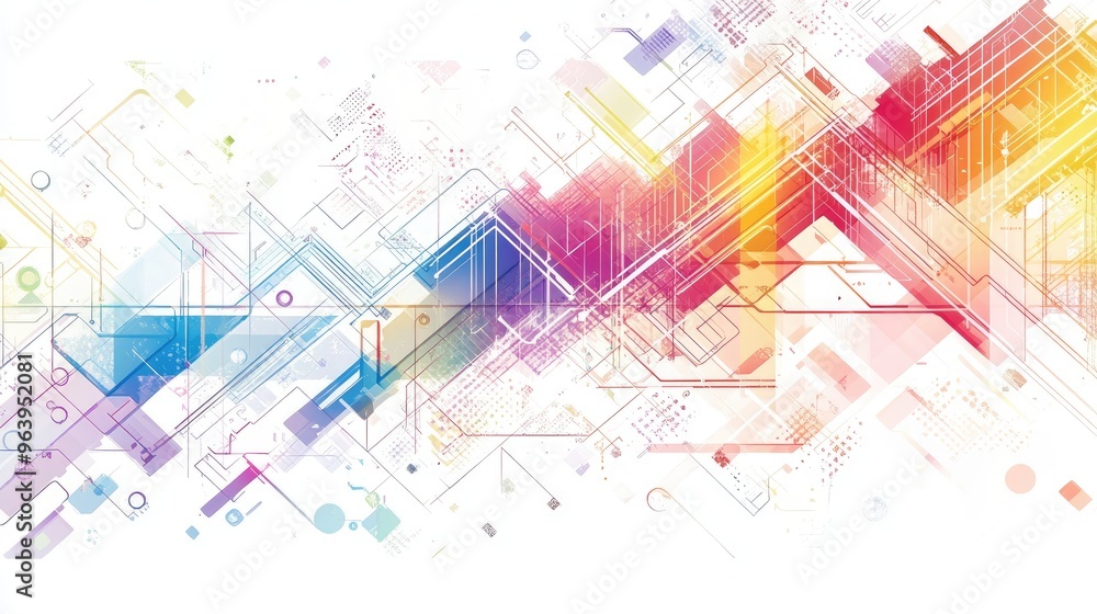 Fototapeta premium Rainbow-hued abstract technology vector with intricate geometric patterns and lines, set against a white backdrop for a futuristic look