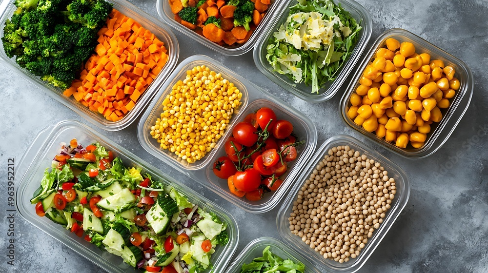 Top view of colorful meal prep vegetables, including broccoli, carrots, tomatoes, corn, and salad, neatly stored in clear containers. Top view of colorful meal prep vegetables, including broccoli, carrots, tomatoes, corn, and salad, neatly stored in clear containers.