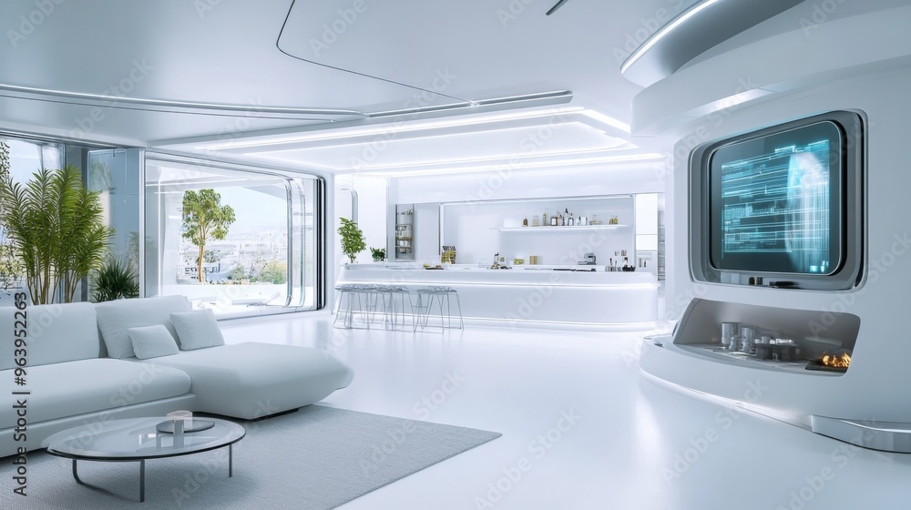 A futuristic home with bioluminescent decor and holographic living spaces A futuristic home with bioluminescent decor and holographic living spaces