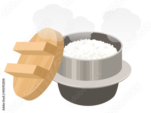 羽釜で炊き上がったご飯_ベクターイラスト