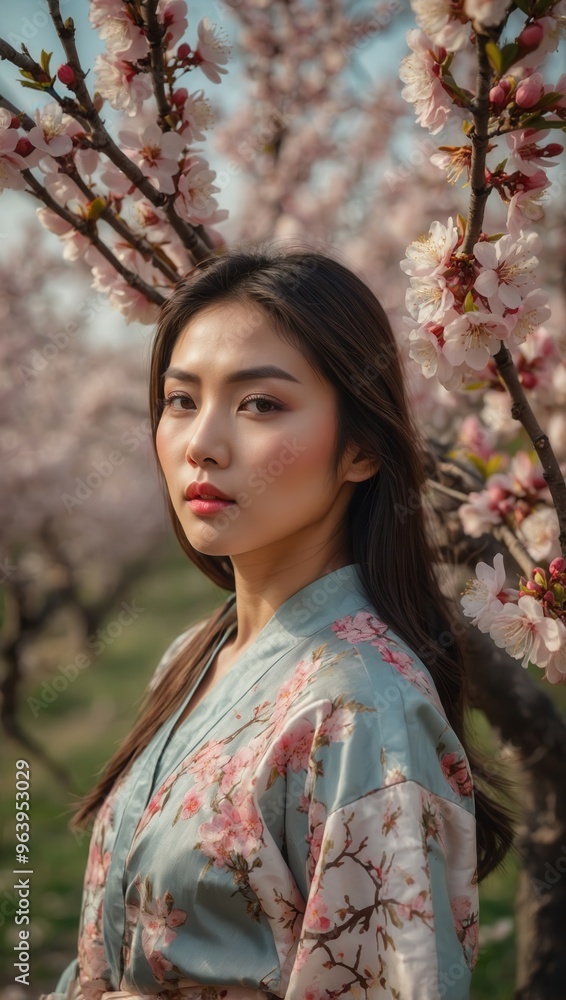 Asain woman wearing a floral dress stands in a field of blossoming trees Asain woman wearing a floral dress stands in a field of blossoming trees