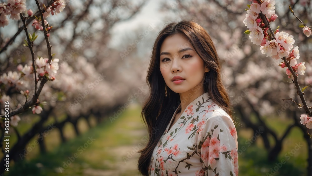 Asain woman wearing a floral dress stands in a field of blossoming trees Asain woman wearing a floral dress stands in a field of blossoming trees