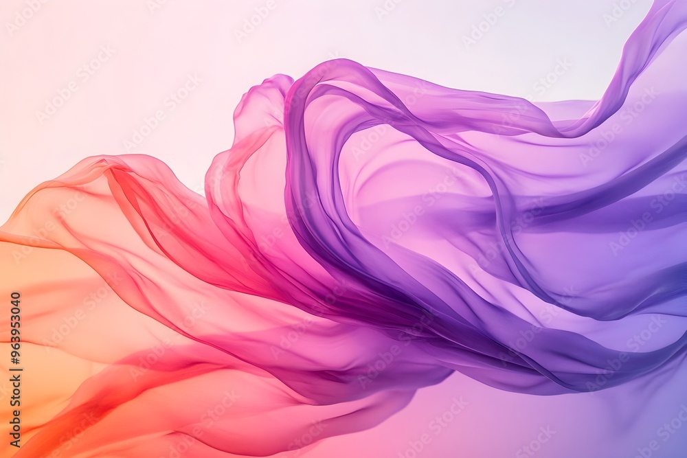 Fototapeta premium Elegant Flowing Fabric Billowing in Vibrant Gradient of Pink,Purple and Orange Colors