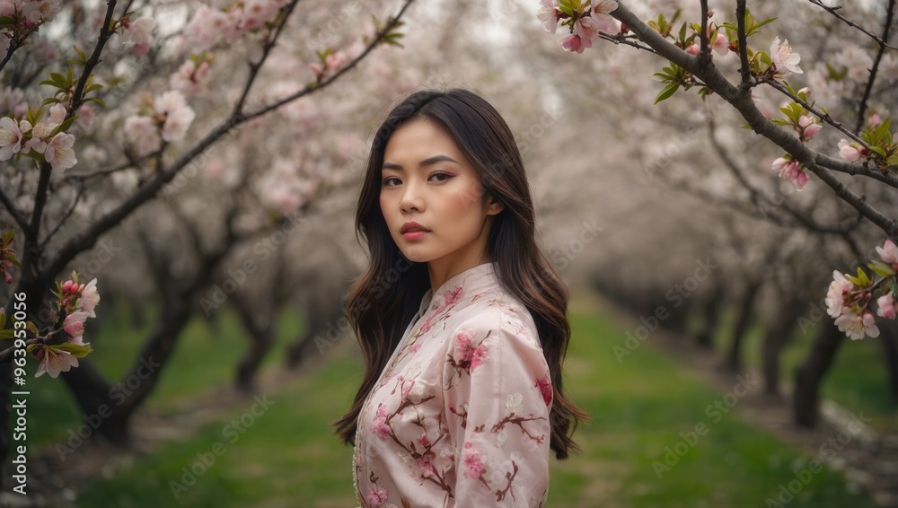 Asain woman wearing a pink floral dress stands in a field of blossoming trees Asain woman wearing a pink floral dress stands in a field of blossoming trees