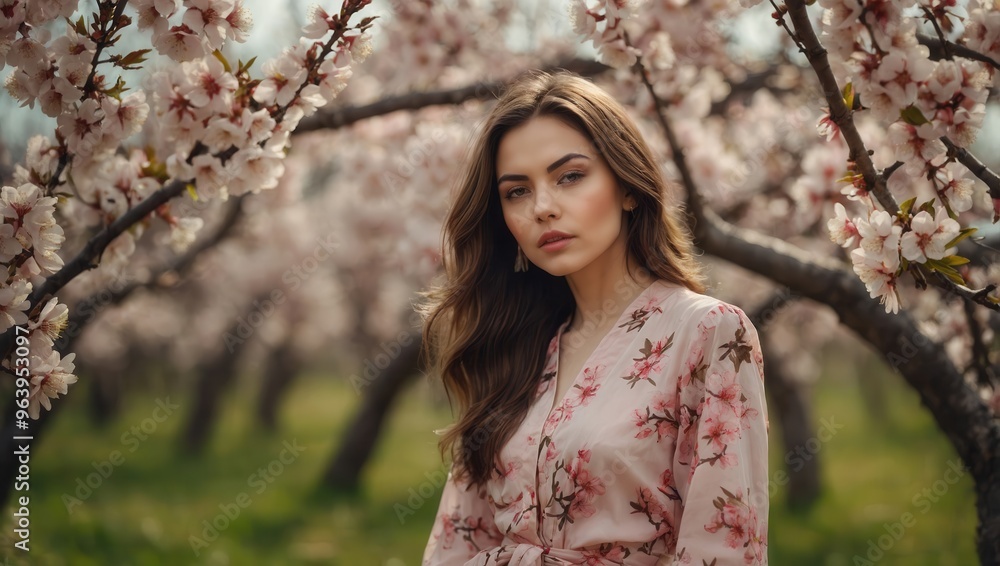 Caucasian woman wearing a pink floral dress stands in a field of blossoming trees Caucasian woman wearing a pink floral dress stands in a field of blossoming trees