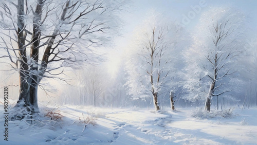 A serene winter forest with snow-covered trees and a peaceful atmosphere.