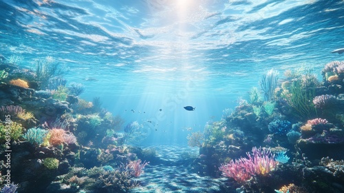 Fototapeta Naklejka Na Ścianę i Meble -  A futuristic ocean with glowing coral reefs and holographic marine life