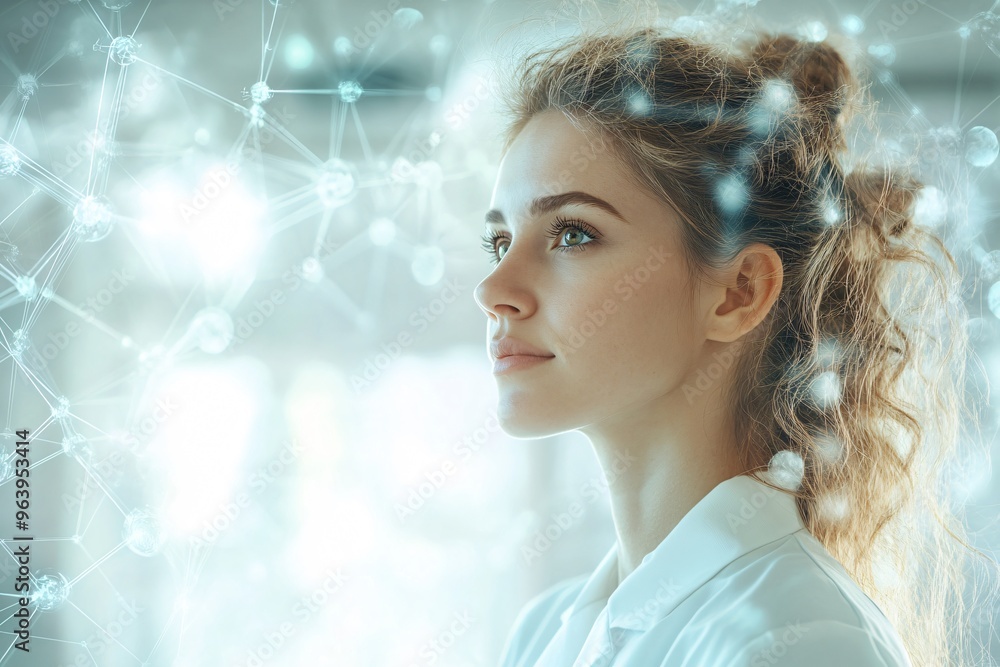 Fototapeta premium Young Woman Looking Up with Network Connections Around Her Head