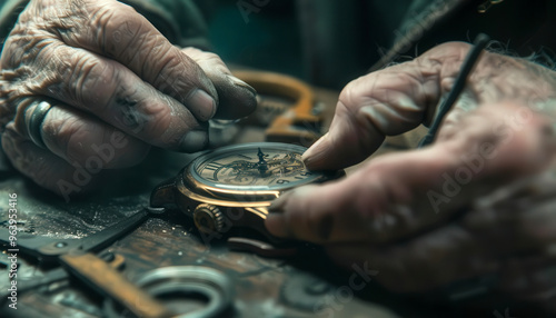 A watchmaker carefully repairs a vintage watch, his fingers deftly moving over the tiny parts. photo