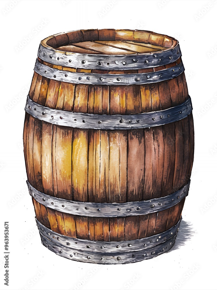 Obraz premium A wooden barrel with metal bands, isolated on a white background.
