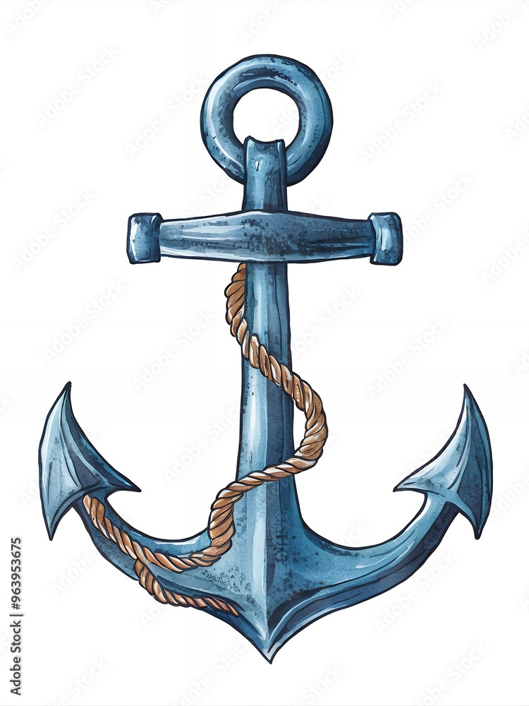 A blue anchor with a rope wrapped around it. Isolated on a white background. A blue anchor with a rope wrapped around it. Isolated on a white background.