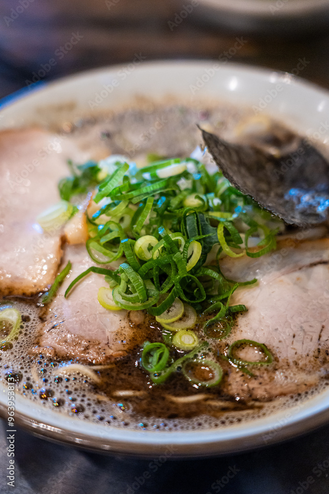 Spicy tonkotsu yobimodoshi ramen with block fried onion oil, Kurume ramen, Fukuoka, Japan