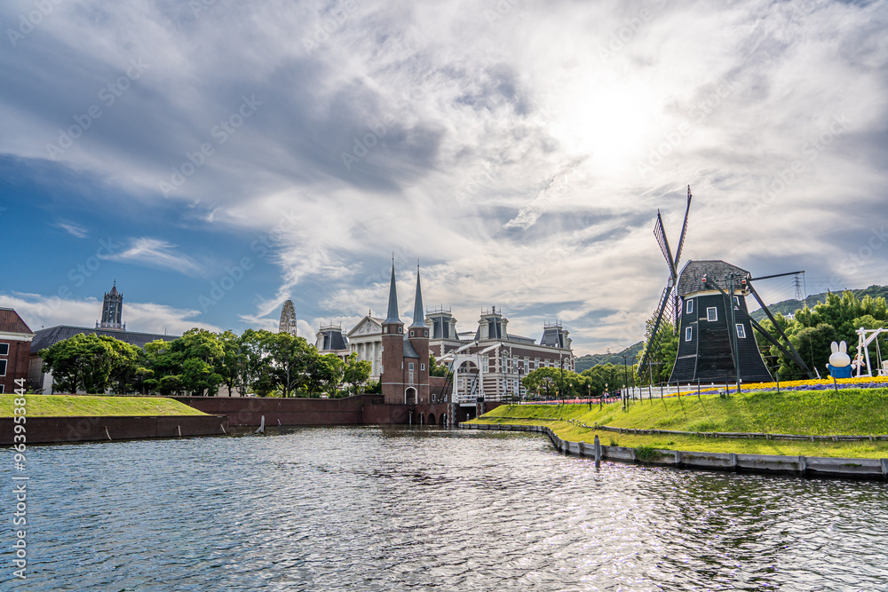 Dutch theme architecture landscape along canal cruising in Huis Ten Bosch Theme Park,Sasebo, Japan