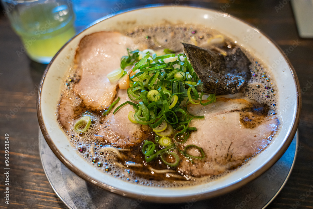 Spicy tonkotsu yobimodoshi ramen with block fried onion oil, Kurume ramen, Fukuoka, Japan